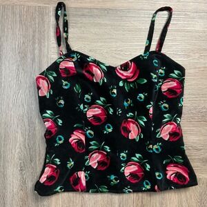 Vintage 90's Esprit Velvet Floral Rose Cami Top Womens 3/4 Black Red Coquette